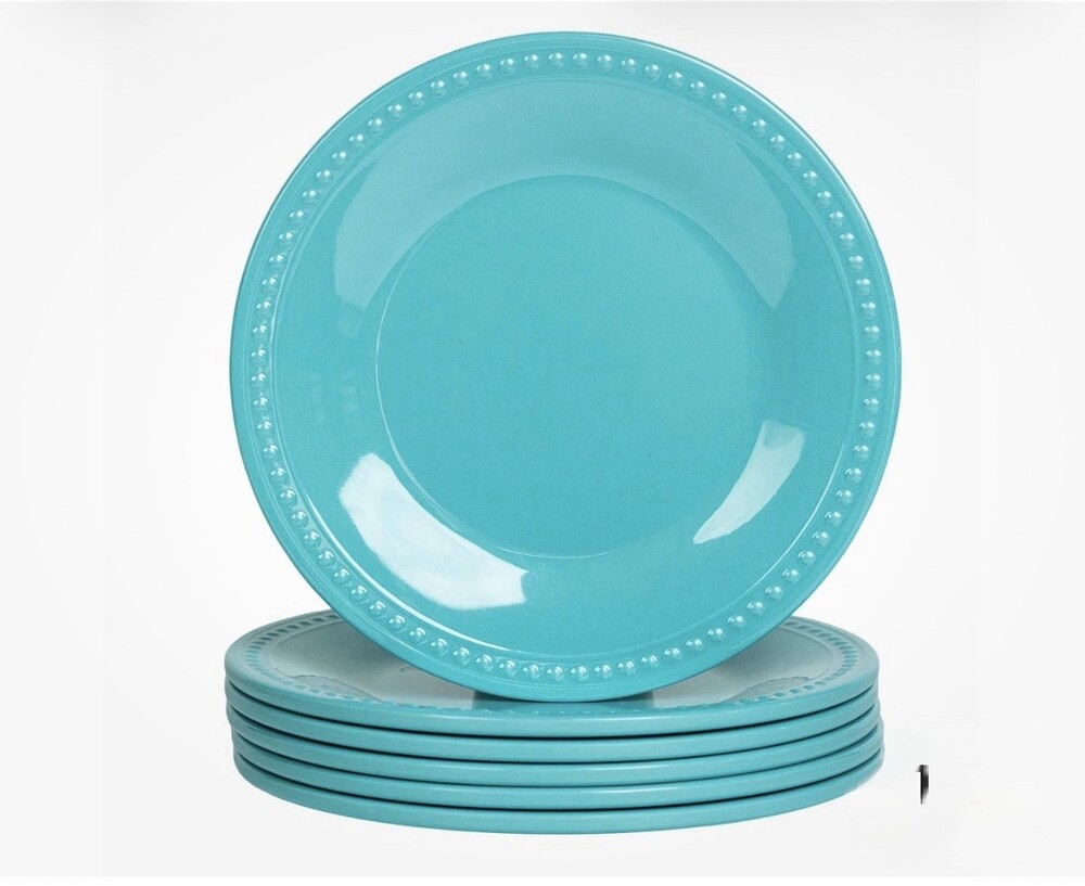 11 inch Aqua Melamine Plastic Beaded Dinner Plate Set of 6 New In Box